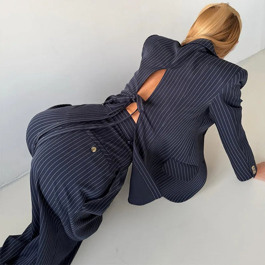 Backless Tie Waist Pinstripe Blazer Set