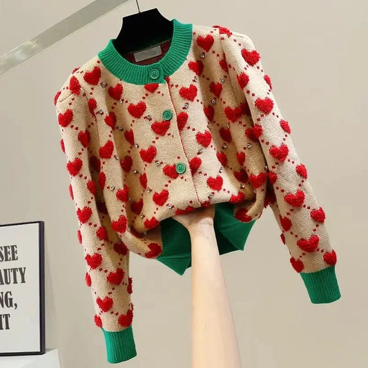 Heart Plaid O-Neck Knitted Cardigan