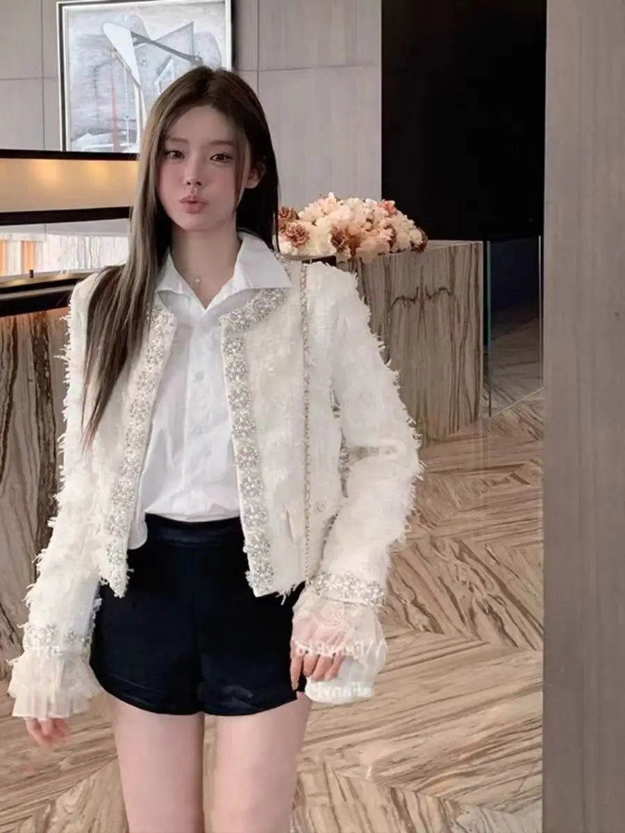 Pearl-Embellished Textured Tweed Crop Jacket