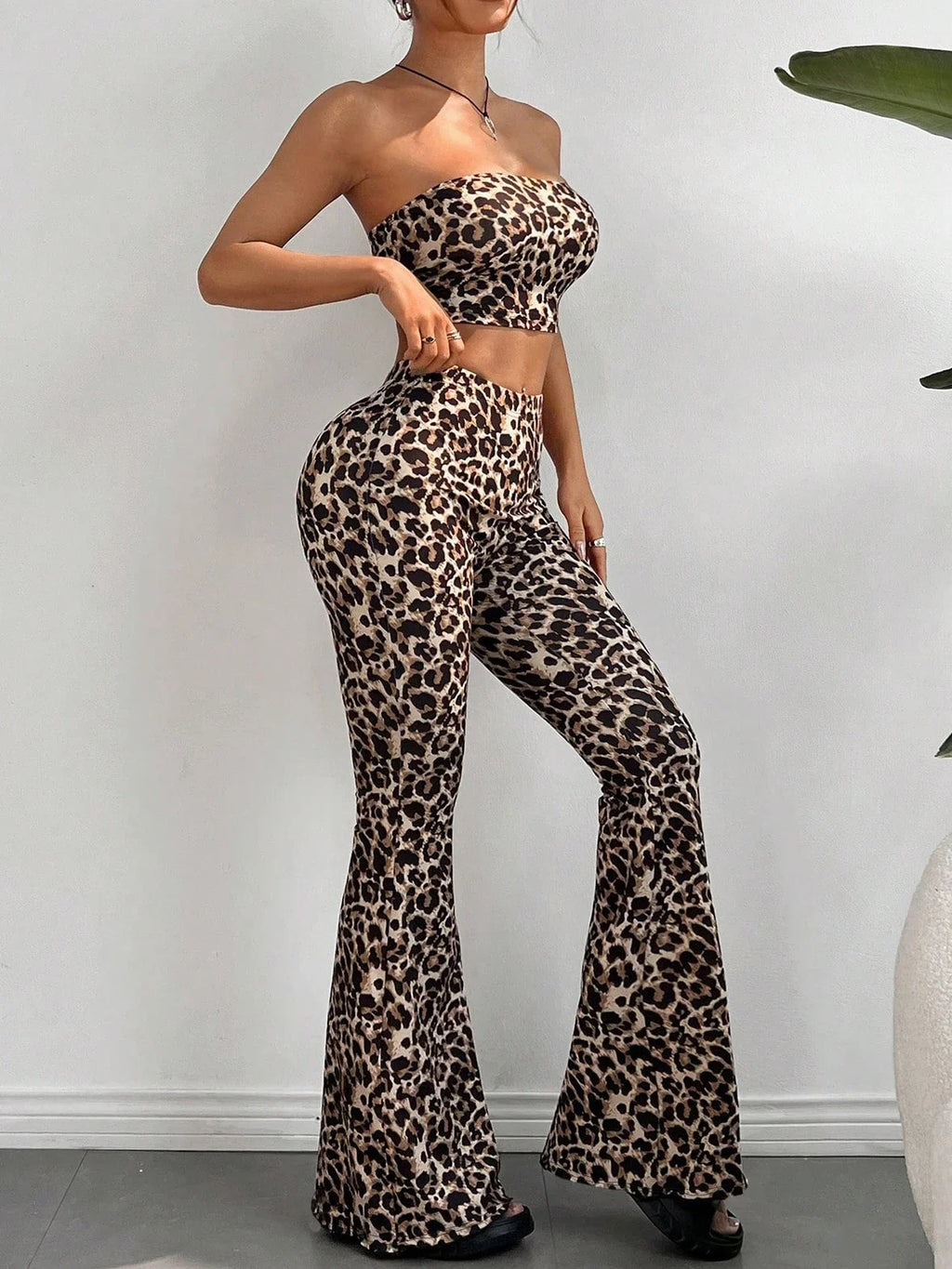 Leopard Print Slim Fit Short Crop Top with Flared Pants Long Trousers Set