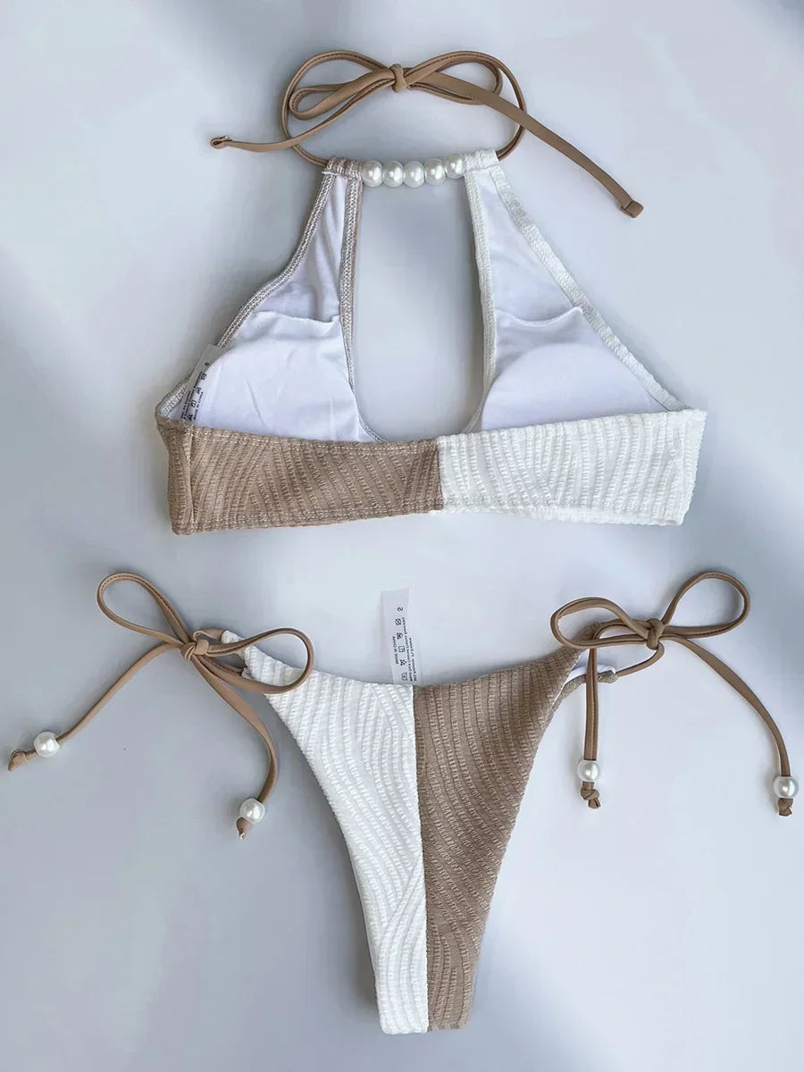 Splicing Halter Hollow Out Ribbed Bikini