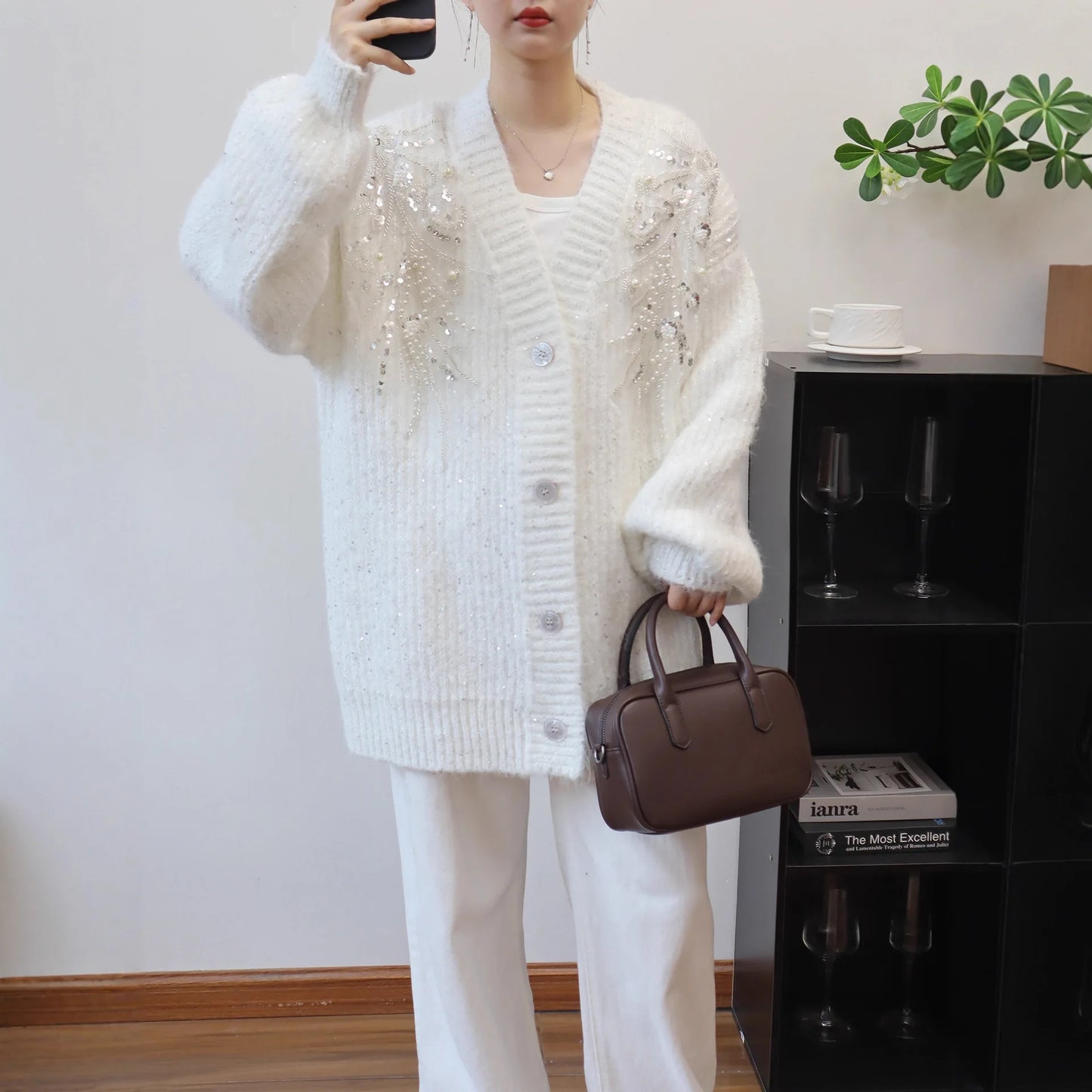 Knitted V Neck Sequins Cardigan