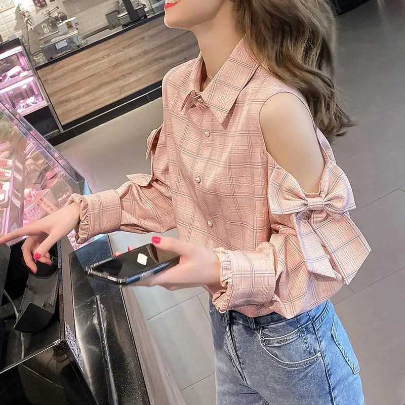 Cold-Shoulder Plaid Button-Down with Bow Sleeves