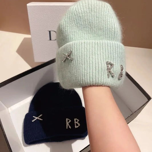 Real Rabbit Fur Diamonds Letter Beanie