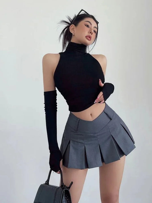 High Neck Pleated Crop Top