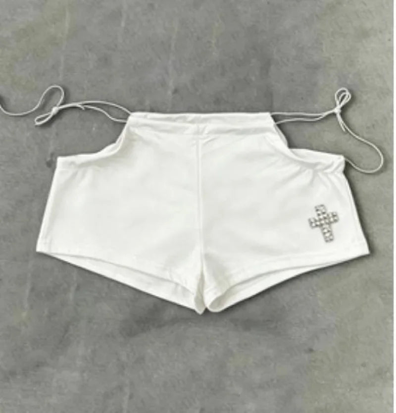 Cross Print Side Tie Low Rise Micro Shorts