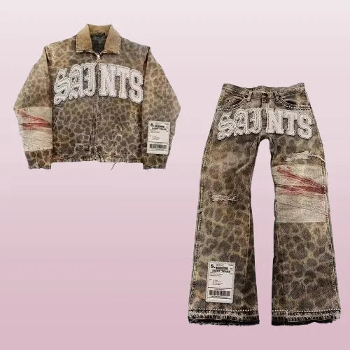 Camouflage Leopard  Jeans Jacket Two Piece Set