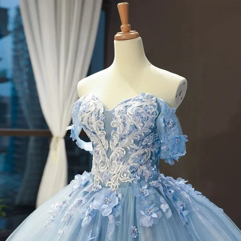 Blue Floral Applique Ball Gown