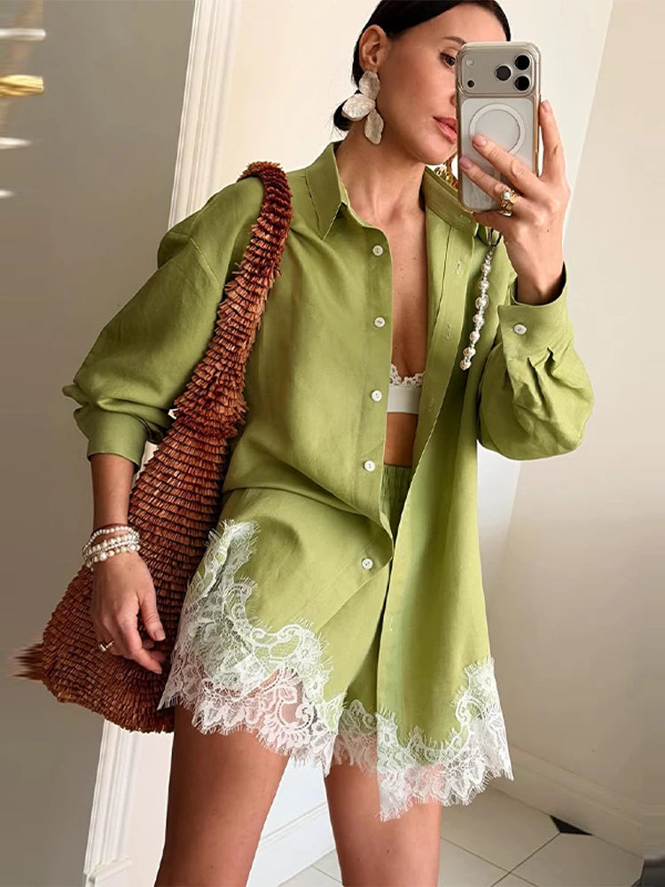 Casual Lace Patchwork Shirt Shorts Set