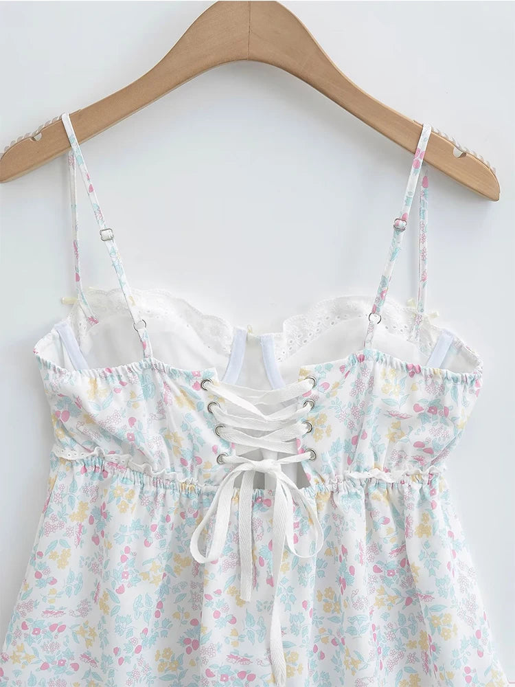 YENKYE Lace Trim Floral Print Sling Dress