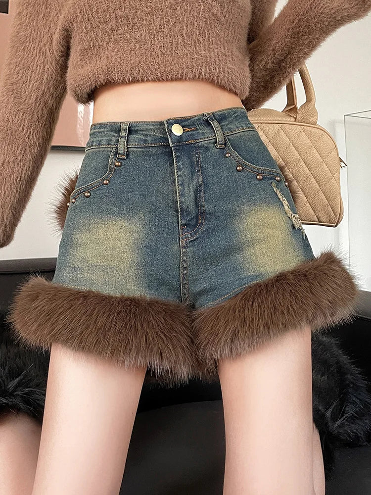 Riveted Faux Fur Jean Shorts