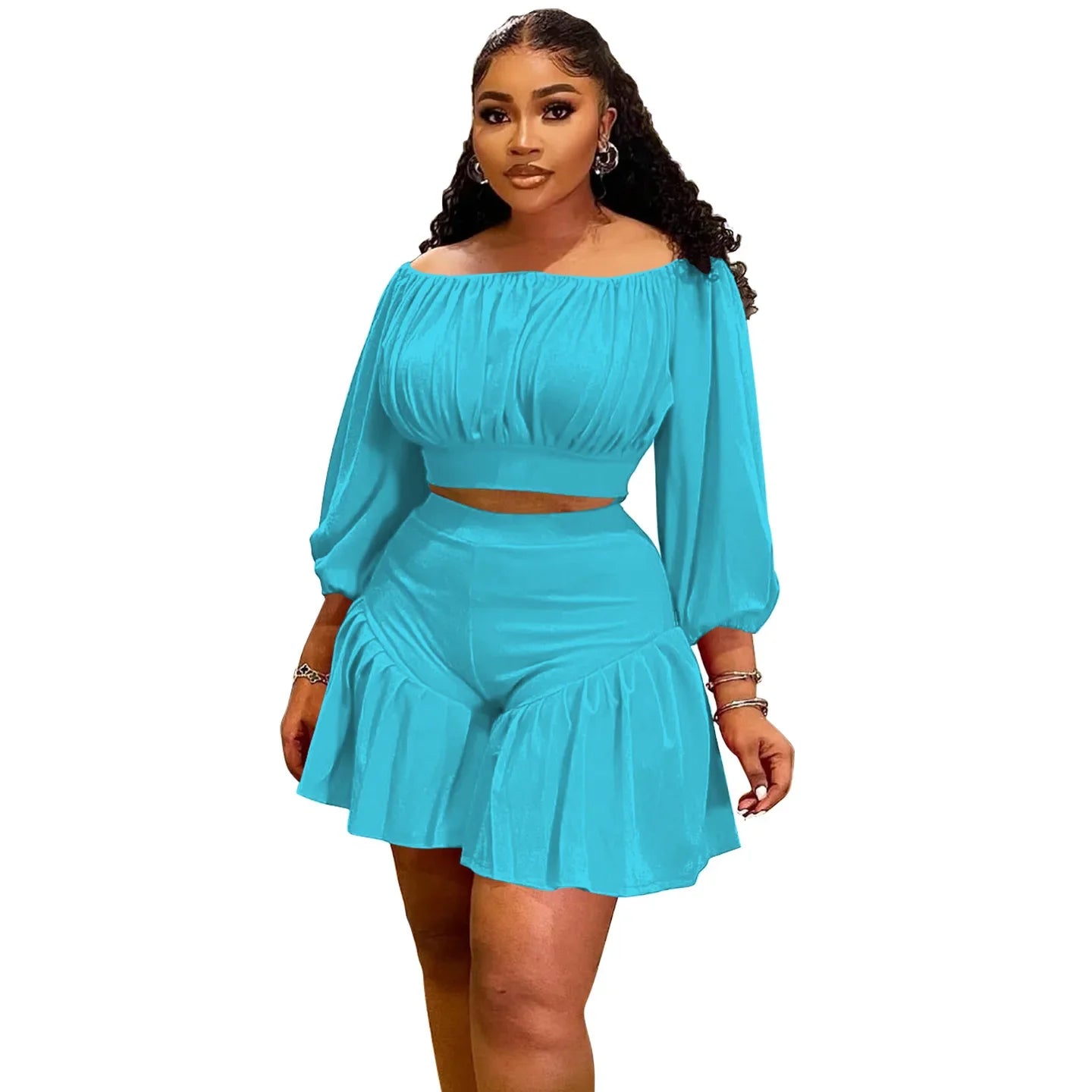 CM.YAYA Long Sleeve Slash Neck T-Shirt and Shorts Set