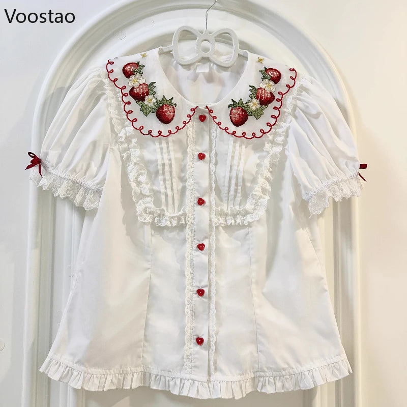 Peter Pan Collar Strawberry Embroidery Blouse