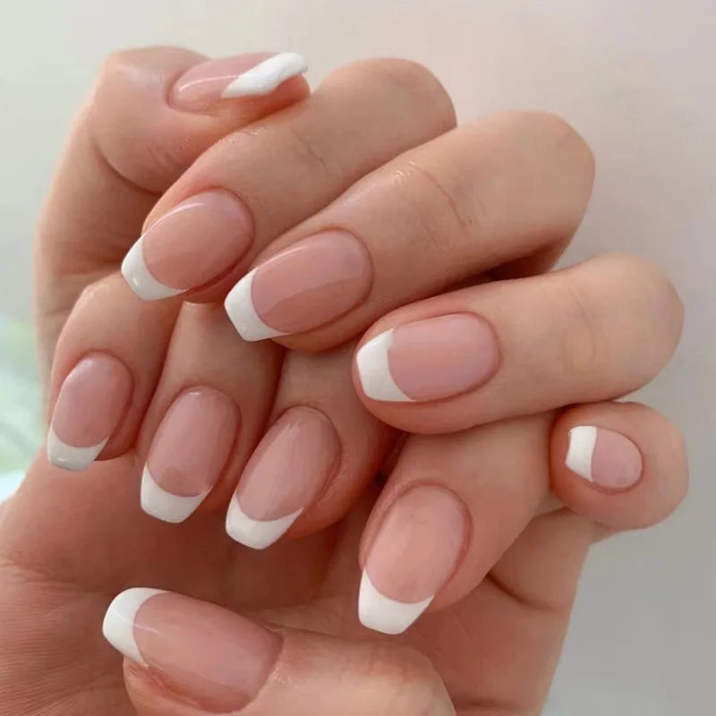 24Pcs French Fake Nails with Jelly Glue Mid-length Gradient White False Nail Wearable Square Head Press on Nails Full Nail Tips