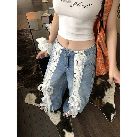 Bow Lace Patchwork Bandage Denim Pants