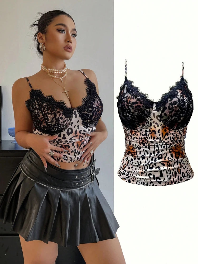 Leopard Lace Splicing Bowknot Camisole Top