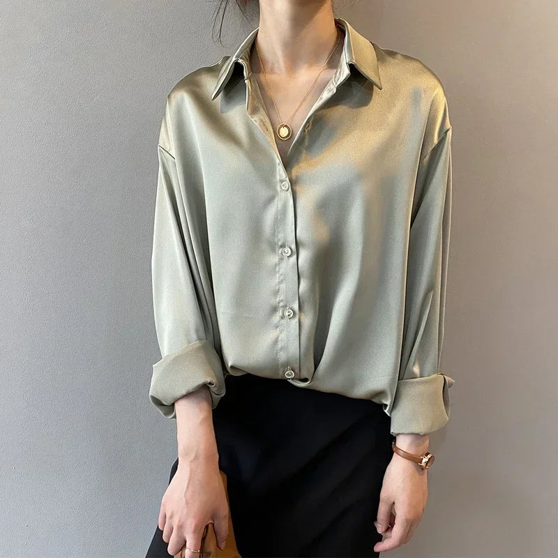 Fall Turn-down Collar Satin Loose Shirt