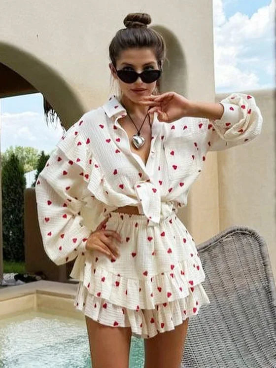 Bronladies Love Printed Long Sleeved Shorts Set