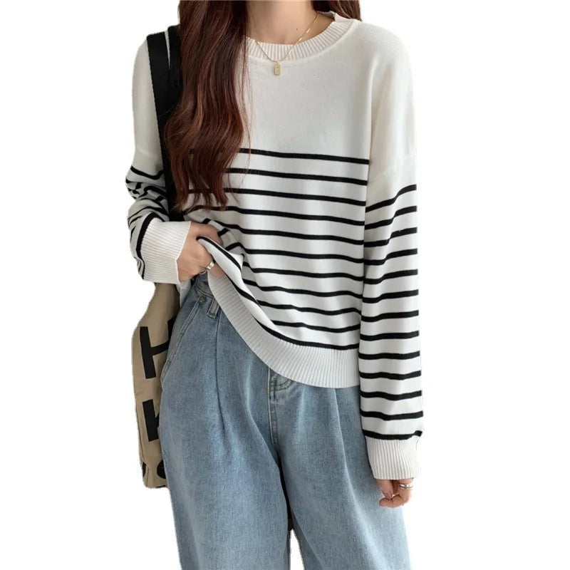 Striped Crew Neck Long Sleeves Knit Sweater