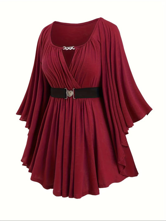 Draped Surplice Tunic Top with Heart Buckle Belt & Butterfly Sleeves