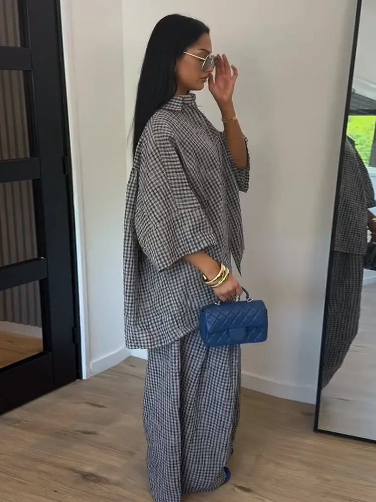Turn-down Collar Full Sleeve Shirt Loose Bottom Plaid Set