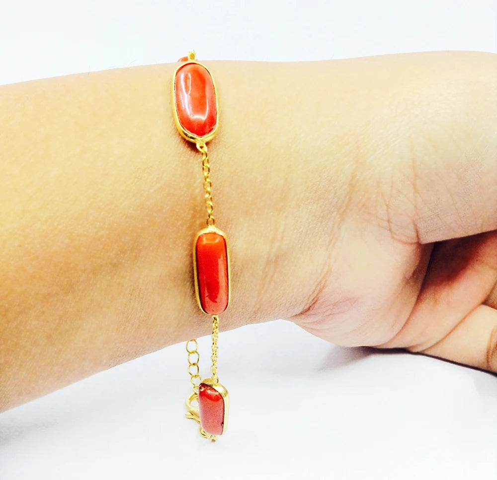Sterling Silver 925 Gold Plated Coral Adjustable Customizable Natural Gemstone Handmade Animal Shape Bracelet