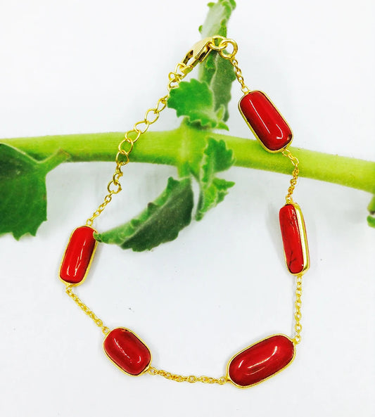 Sterling Silver 925 Gold Plated Coral Adjustable Customizable Natural Gemstone Handmade Animal Shape Bracelet