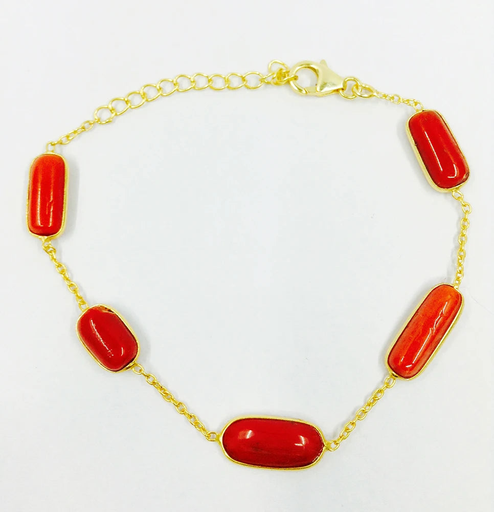 Sterling Silver 925 Gold Plated Coral Adjustable Customizable Natural Gemstone Handmade Animal Shape Bracelet