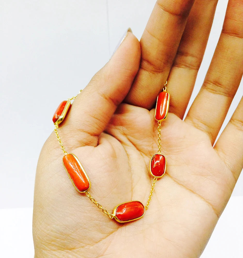 Sterling Silver 925 Gold Plated Coral Adjustable Customizable Natural Gemstone Handmade Animal Shape Bracelet