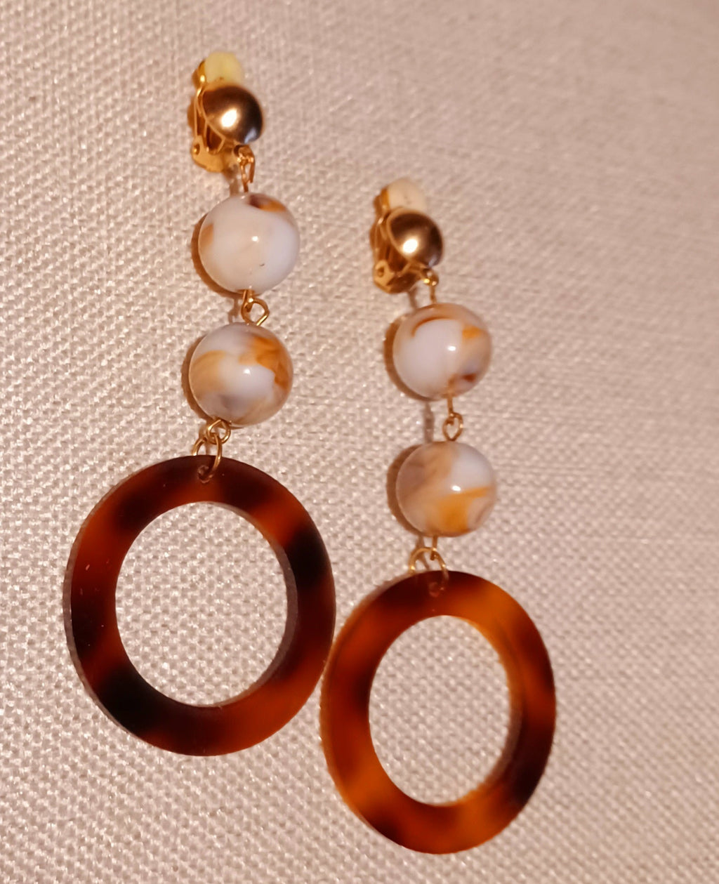 Vintage Abstract Design Clip on Tortoise Lucite Earrings