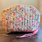 Vintage-Inspired Quilted Floral Cosmetic Case – Curved Makeup Pouch in Soft Pastel Garden Prints
