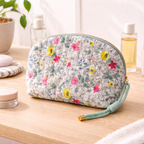 Vintage-Inspired Quilted Floral Cosmetic Case – Curved Makeup Pouch in Soft Pastel Garden Prints