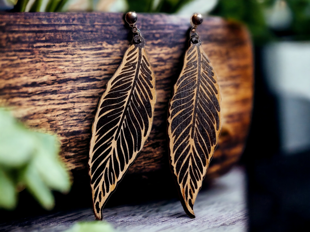 Wooden Art Leaf design Earrings Clip on
