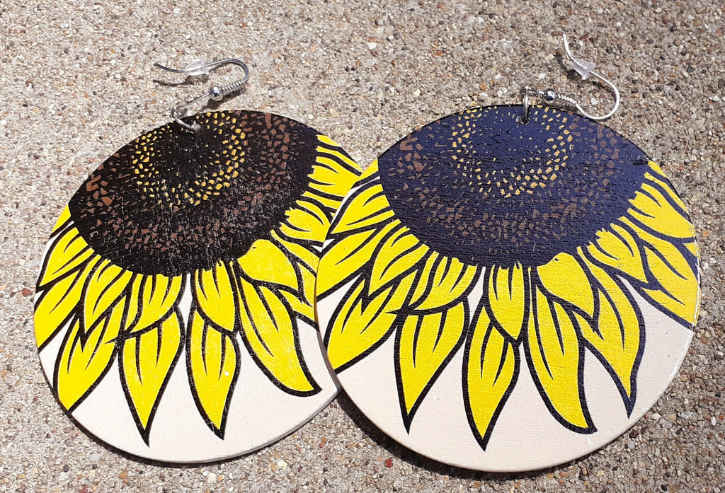 Wooden Sunflower Art Leaf Earrings