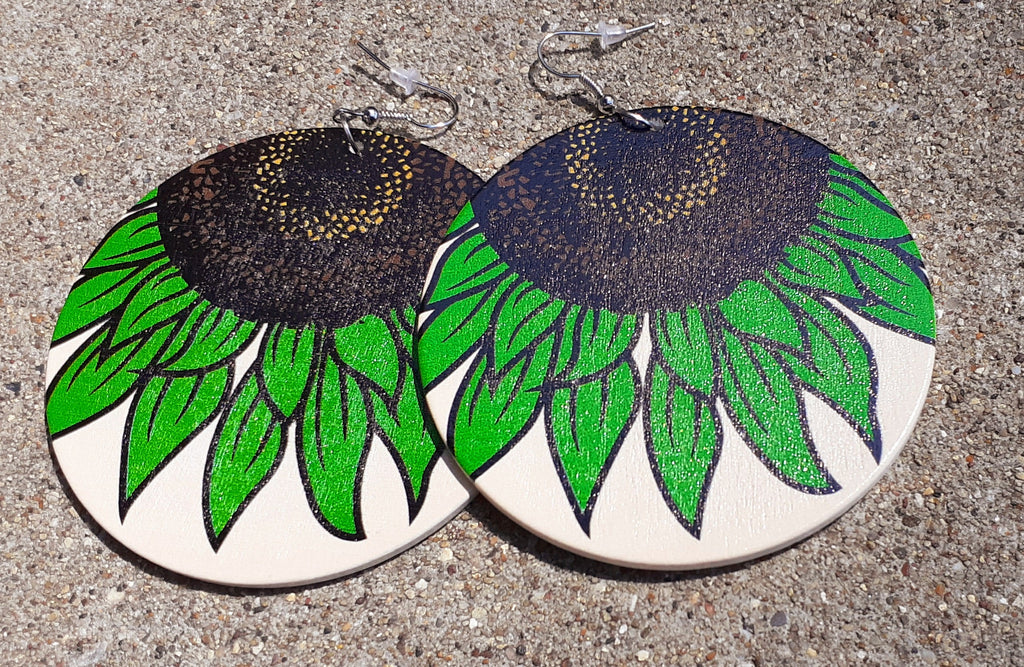 Wooden Sunflower Art Leaf Earrings