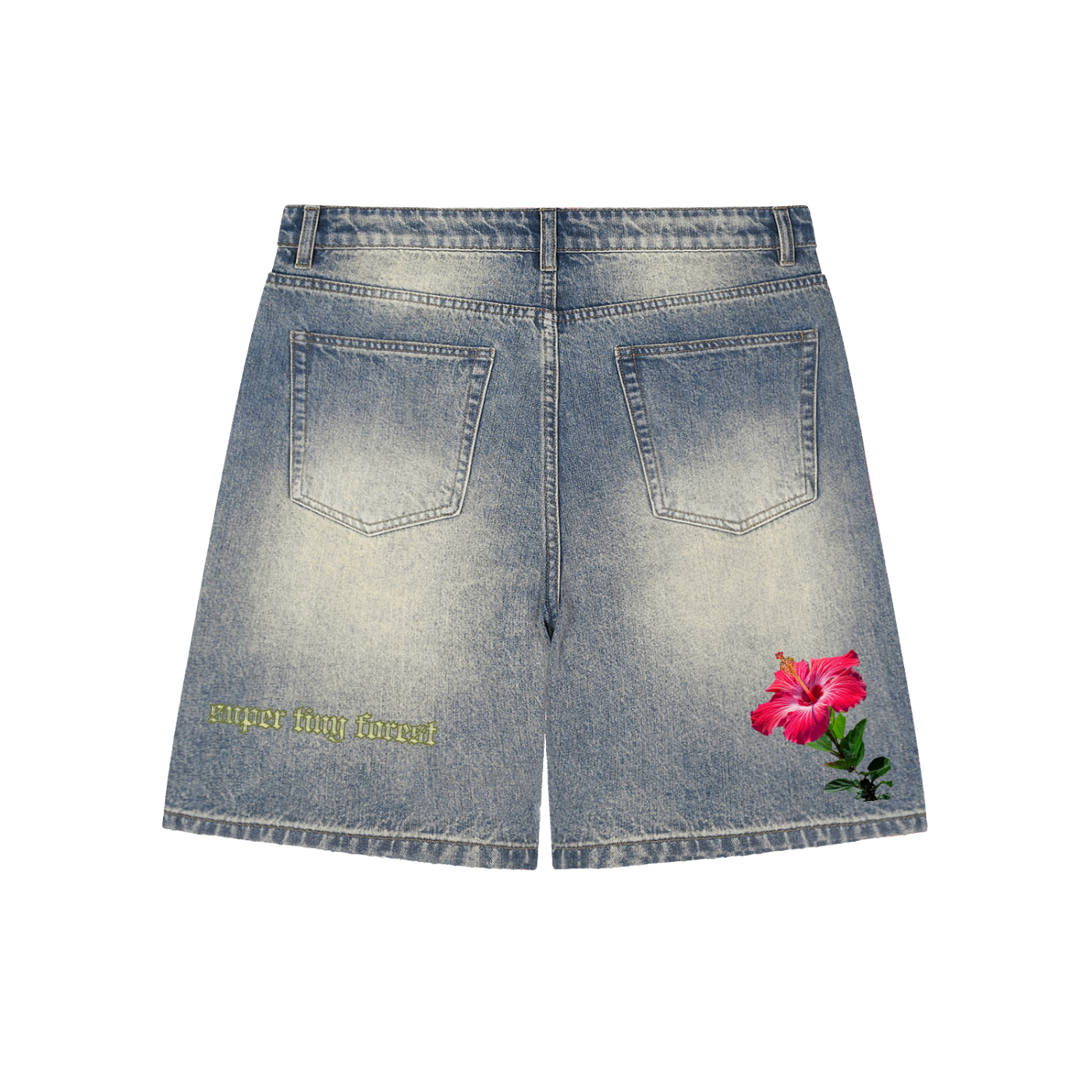 super tiny forest Hibiscus Faded Distressed Baggy Denim Shorts