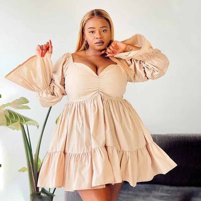 Solid Color Waist Lantern Long Sleeve Dress