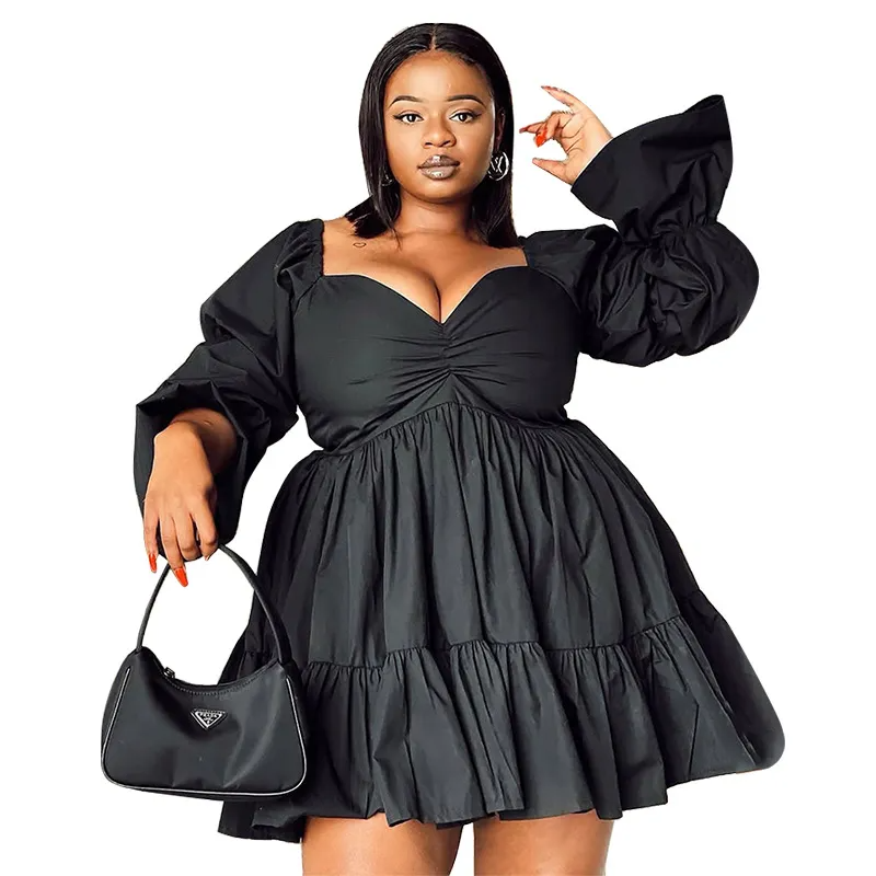 Solid Color Waist Lantern Long Sleeve Dress