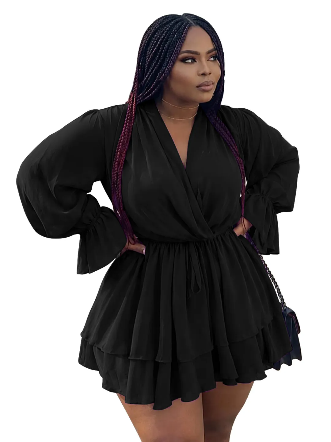 Solid Color V-Neck Long-Sleeve Lace-Up Waist Multi Layer Dress