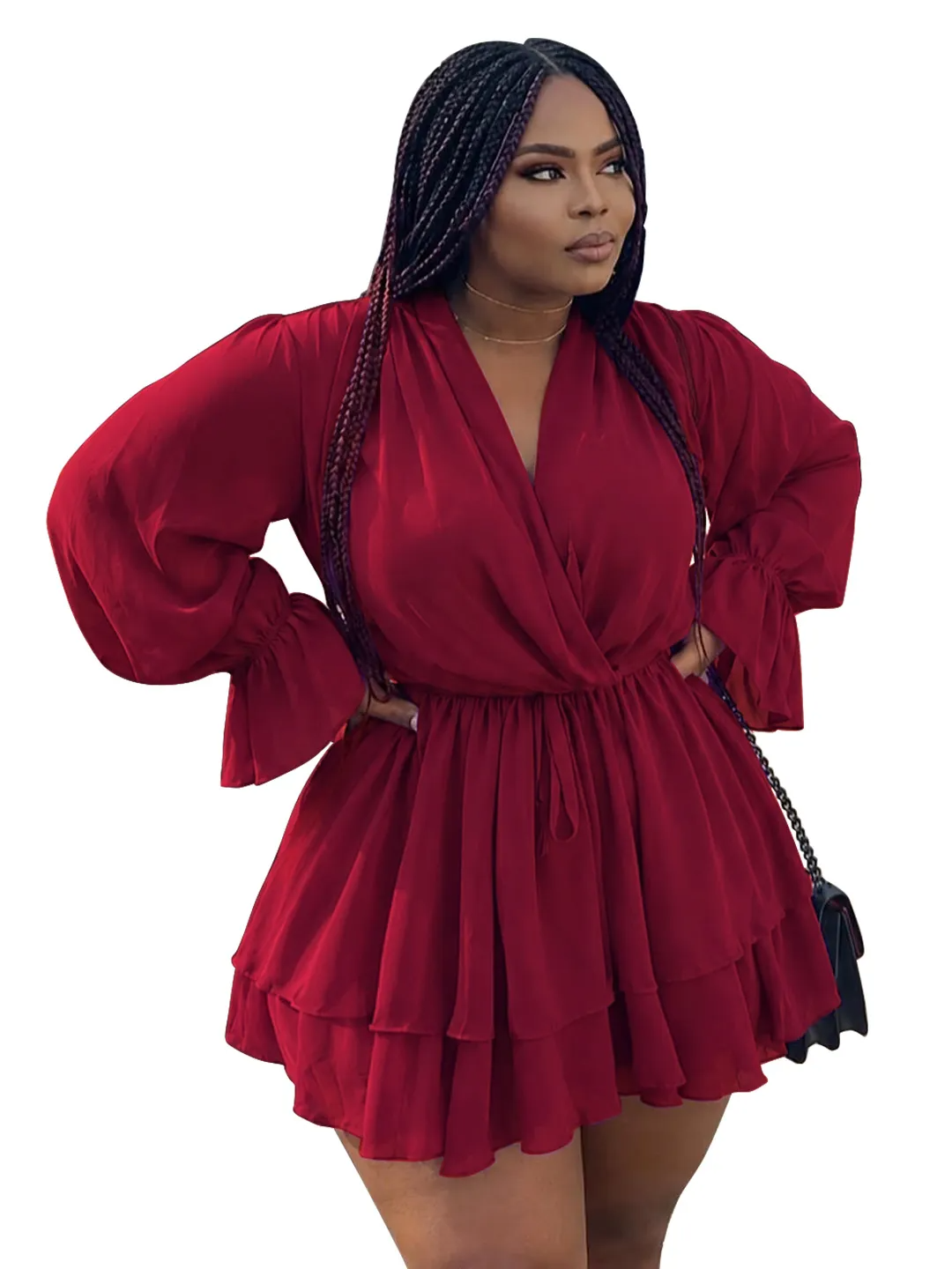 Solid Color V-Neck Long-Sleeve Lace-Up Waist Multi Layer Dress