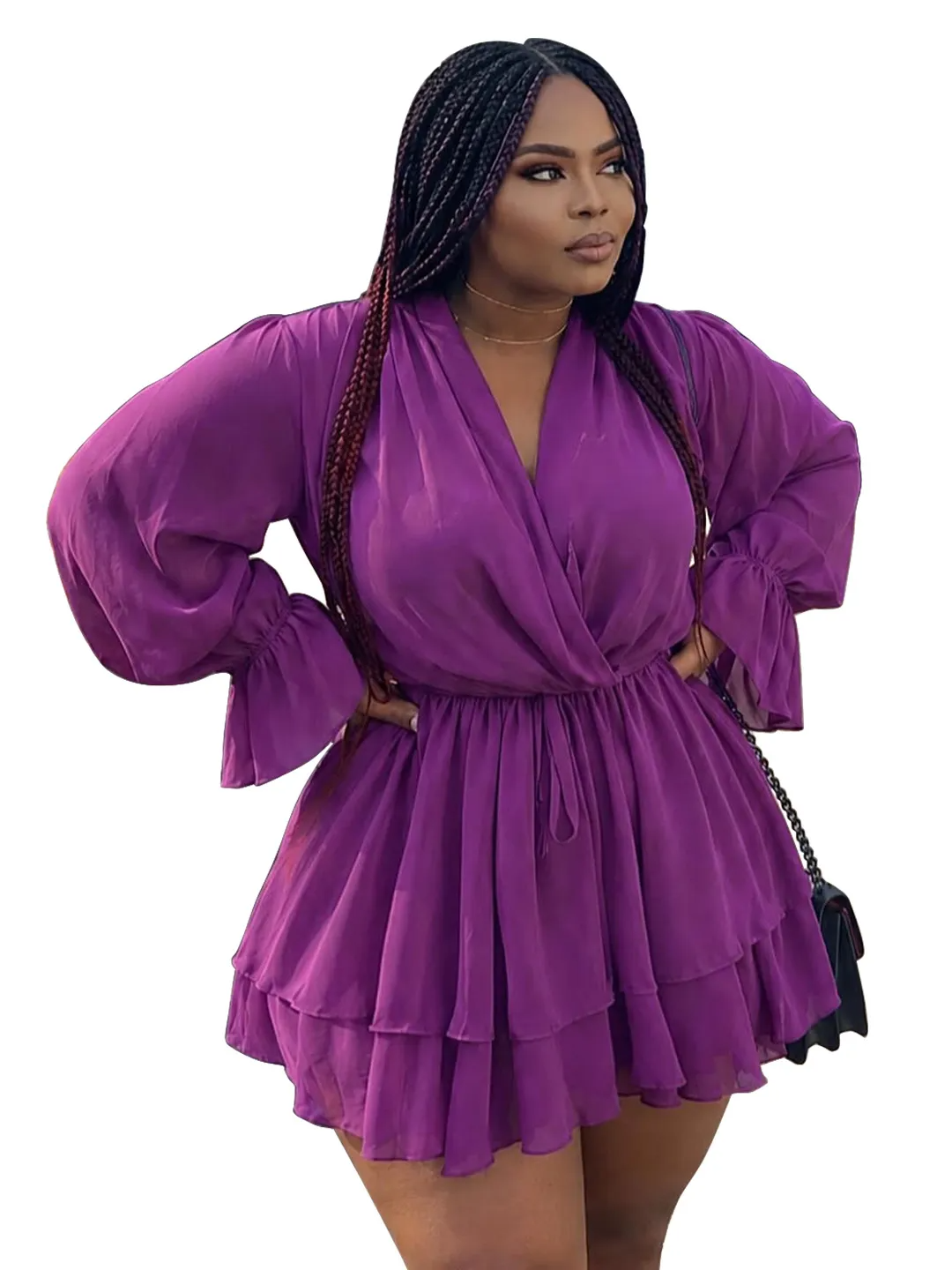 Solid Color V-Neck Long-Sleeve Lace-Up Waist Multi Layer Dress