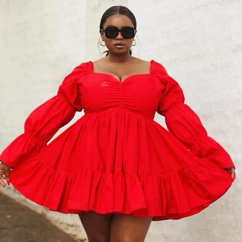 Solid Color Waist Lantern Long Sleeve Dress