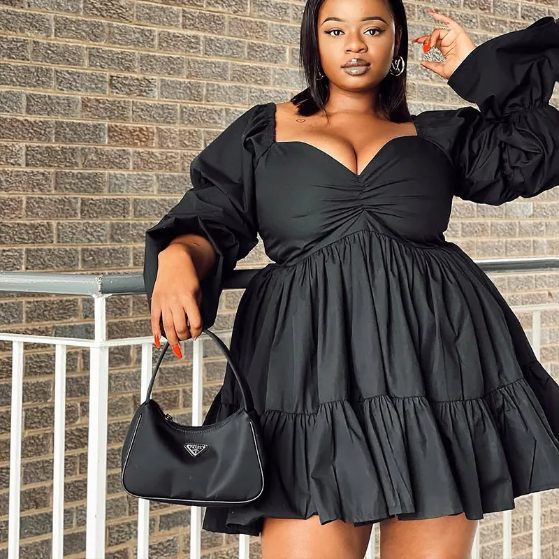 Solid Color Waist Lantern Long Sleeve Dress