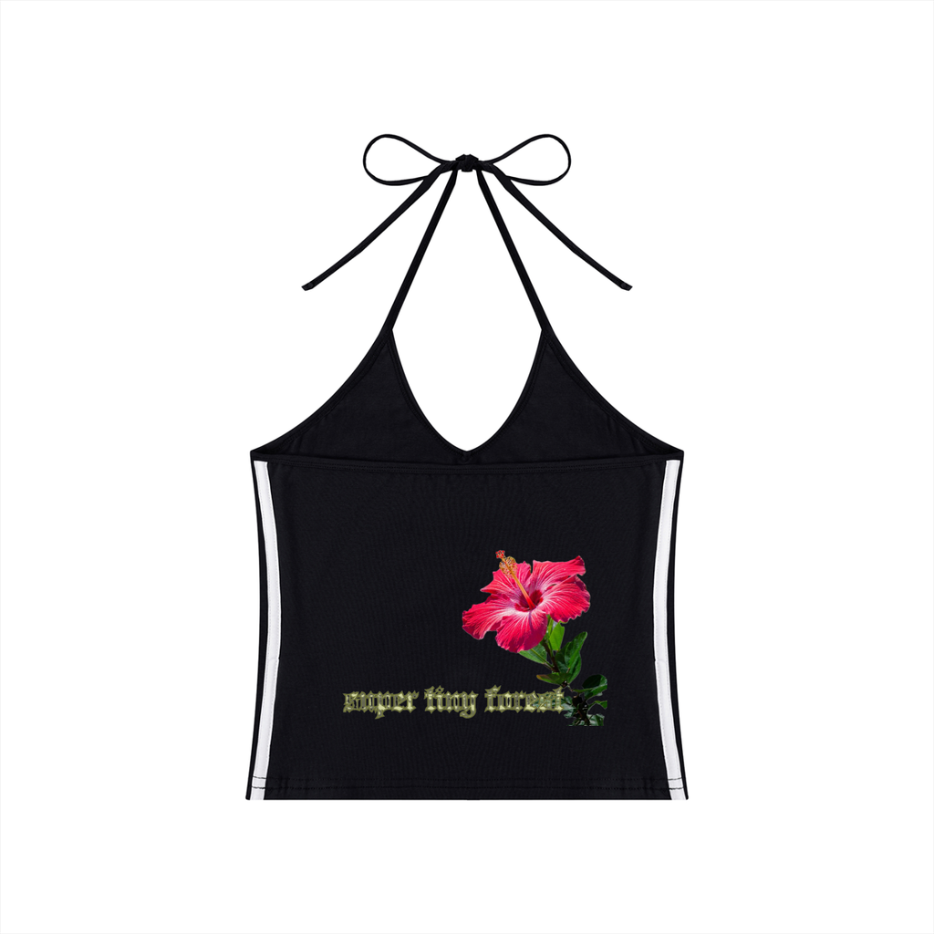 super tiny forest Hibiscus Women's Color Block Halter Crop Tank Top